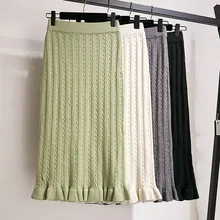 Осенне-зимняя теплая Повседневная однотонная миди трикотажная юбка Женская эластичная высокая талия элегантная дикая плиссированная подол тонкая Рождественская юбка