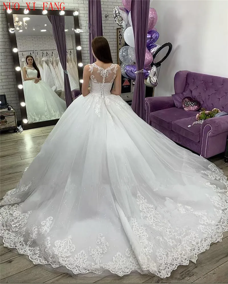 Princess Vestido De Novia Lace Applique Ball Gown Wedding Dress 2022 Arabic Vintage Plus Size Sequined White Puffy Tulle Bridal