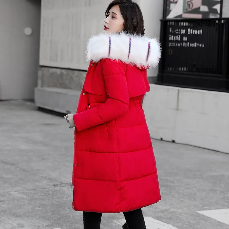 red colored collar Новинка, женское длинное пальто, Осень-зима, теплый пуховик, хлопок, уплотненный, искусственный мех, пальто, парка, женская, одноцветная, повседневная куртка, верхняя одежда, D153 - Цвет: red colored collar