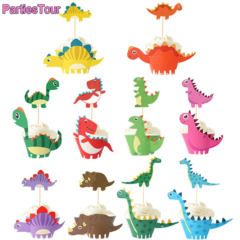 10pcs Dinosaur Theme Cake Toppers Dino Party Cupcake Wrappers Happy Birthday Decorations Kids Favors Flag Baby Shower | Дом и сад