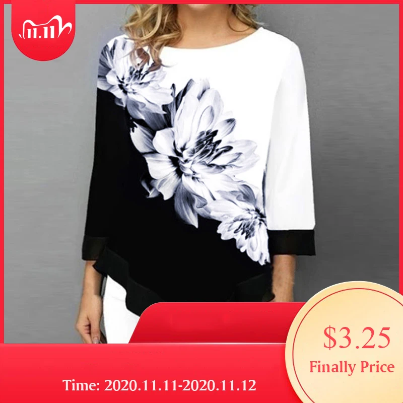 

2020 New Autumn Arrival Women's Fashion Round Neck Shirt Long-sleeved Shirt Women Print Irregular Hem Tunic Casual Tops