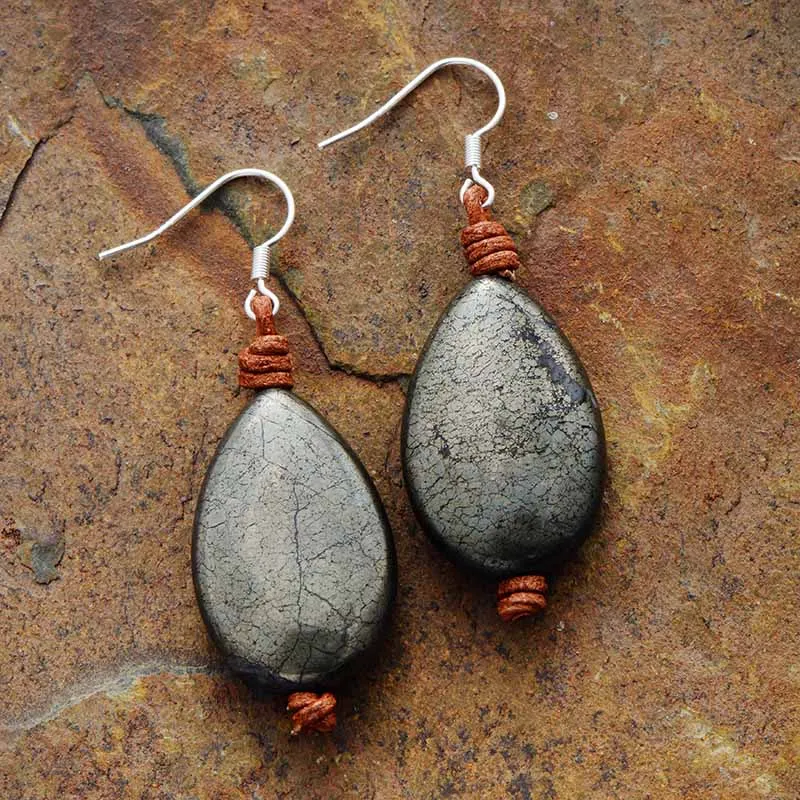 Women Earrings Jewelry Teardrop Pyrite Healing Crystal Leather Earring Homme Holiday Gifts