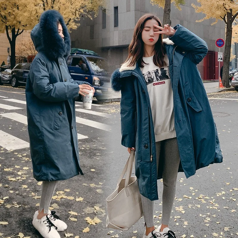 

Photo Shoot CHIC Elegant Ol Dark Green over-the-Knee Mid-length Loose-Fit Hooded Faux Rabbit Fur Collar Workwear Cotton-padded C
