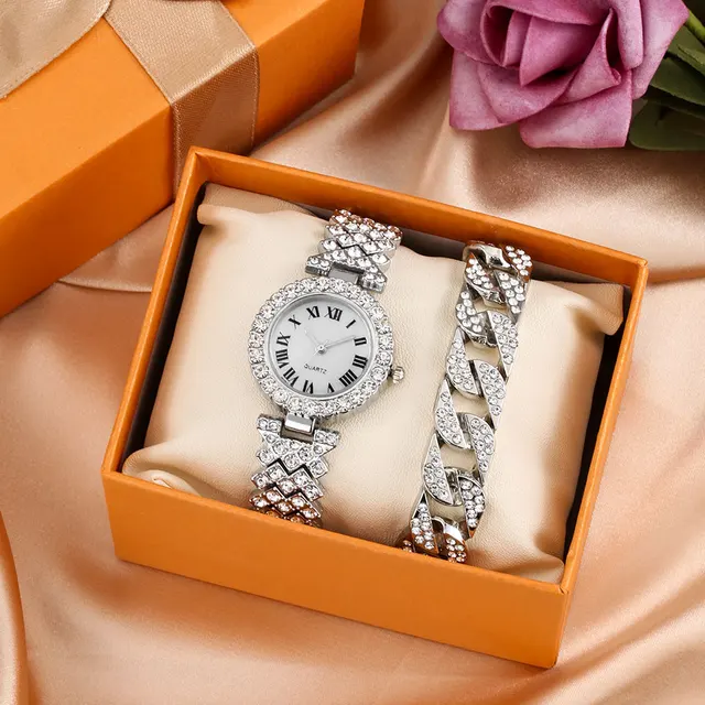 Luxury Diamond Silver Bracelet Watch Set 1