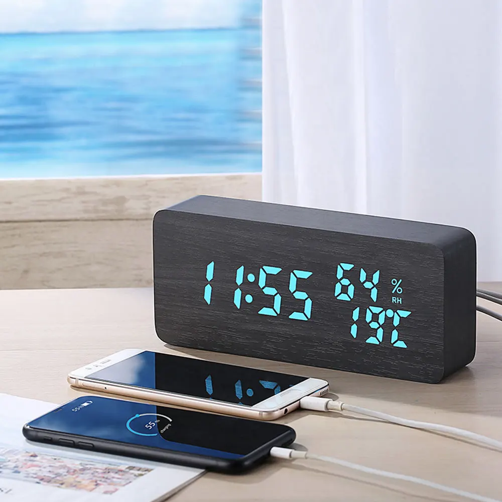 Деревянные часы с зарядной головкой светодиодные цифровые 3 уровнями яркости