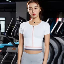 Женские спортивные топы для спортзала, женские укороченные топы с коротким рукавом на молнии, рубашка для йоги, фитнеса, бега, тренировок, тренировок, спортивная одежда, топ для йоги