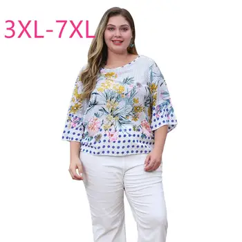 

2020 spring summer plus size tops for women large hlaf sleeve casual loose print flower O neck T shirt white 3XL 4XL 5XL 6XL 7XL