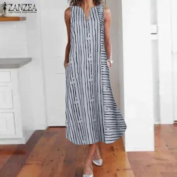 

ZANZEA Fashion Vestidos Striped Mid-Claf Dress Women's Summer Sundress 2020 Casual V Neck Sarafans Female Printed Robe Plus Size