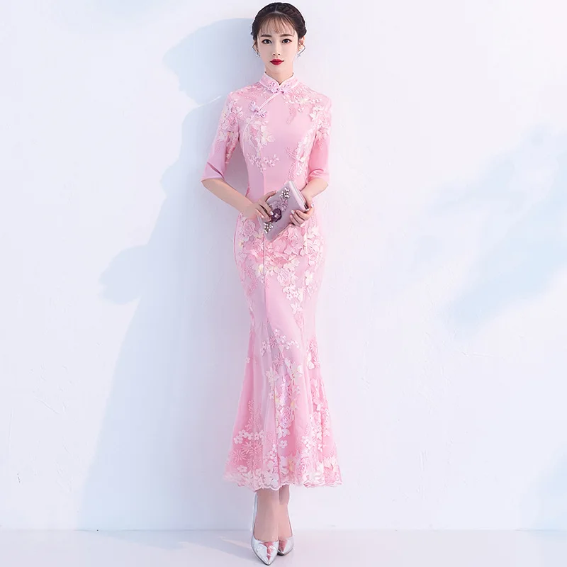 Женский розовый Русалка Китайский классический Qipao негабаритный 3XL тонкий длинный Cheongsam изысканный цветок Формальное вечернее платье