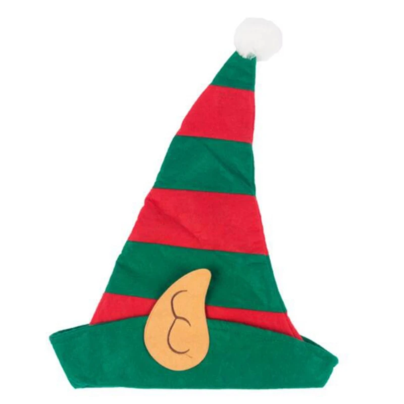 Christmas Elf Hat Adults with Ears Red Green Striped Design One Size Fits Most Non-Woven Elf Hat with Ears