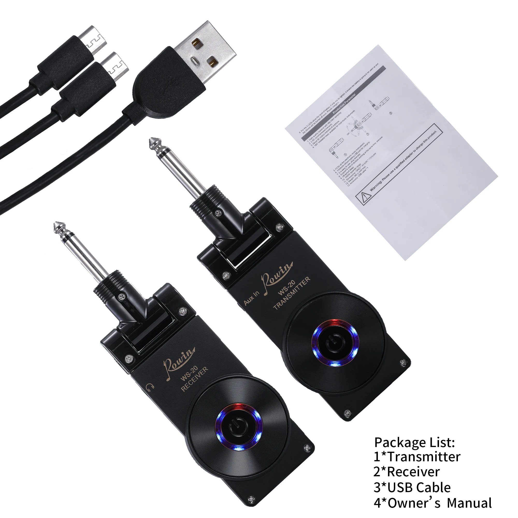 Wireless Guitar Transmitter-Receiver-Set Rowin ws-20 Rechargeable 30-Meters Transmission-Range