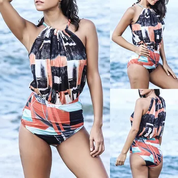 

2019 Sexy Women Doodling Printing Jumpsuit Multicolor Halter Bathing Clothing Wire Free Padded Female Intimates Lady Underwear