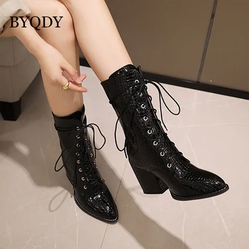 

BYQDY Black Split Leather Women Sock Boots Pointed Toe Winter For Ladies Boots Chunky Block High Heel Boots Black White Red 48