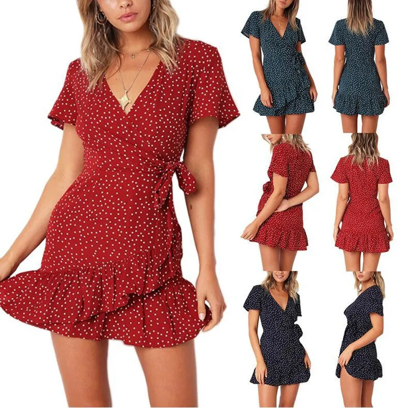 

Women's Dresses 2020 Summer Boho Dots Party Gowns Beach Female Elegant Ruffles Dress Ladies Mini Short Plus Size Wear