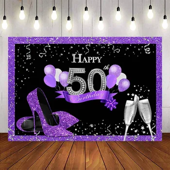 

fifty birthday purple theme party backdrop High heels Champagne balloons background glitter custom backgrounds photocall