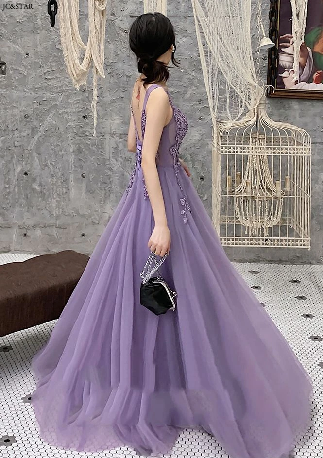 Лавандовое фиолетовое платье для невесты, длинное Тюлевое, расшитое бисером, сексуальное, с v-образным вырезом, ТРАПЕЦИЕВИДНОЕ, vestidos de boda invitada abiti damigella donna robe demoi