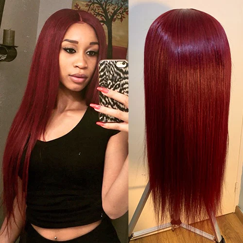 180 плотность Красного кружева передние человеческие волосы парики предварительно выщипанные длинные прямые волосы кружевные передние парики перуанские Remy человеческие волосы парики Remyblue - Цвет: 99j