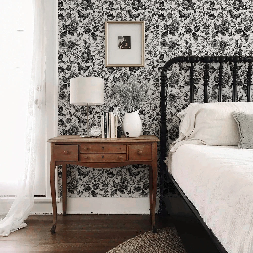 Vintage Floral Peel and Stick Wallpaper Rose Mural Removable Black Contact Paper Self Adhesive Shelf Drawer Liner Vinyl Roll matte black grey wallpaper vinyl self adhesive shelf liner drawer peel and stick countertop removable contact paper wall decor