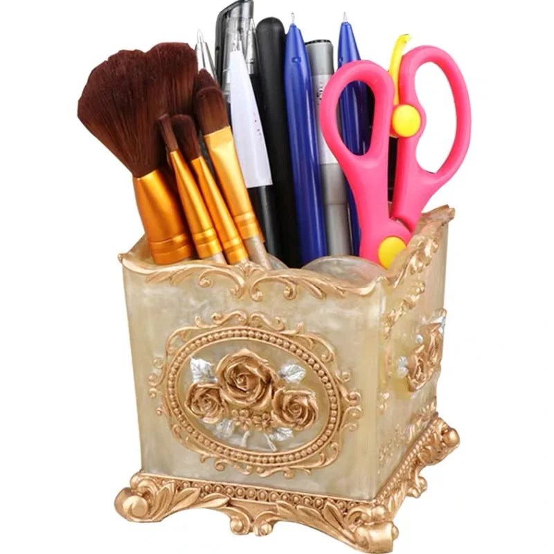 

European Resin Makeup Brush Storage Box Pen Holder Office Gadget Organization Box Home Crafts Decoration Can Box Supplies