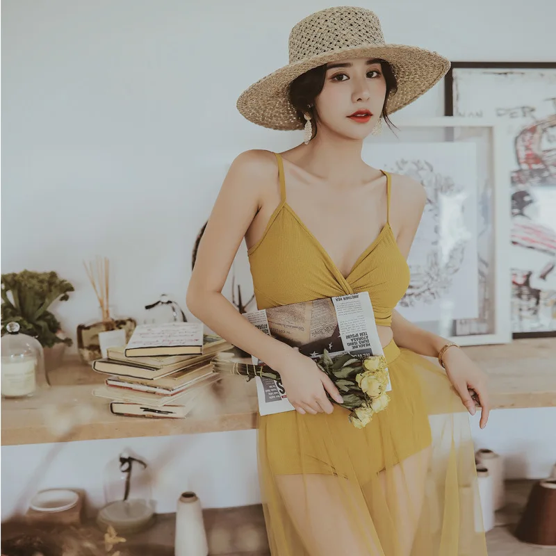 

Bathing Suit Women's New Style 2019-Split Type Two-Piece Skirt Conservative Small Bust Gathering Belly Covering High-waisted Sli