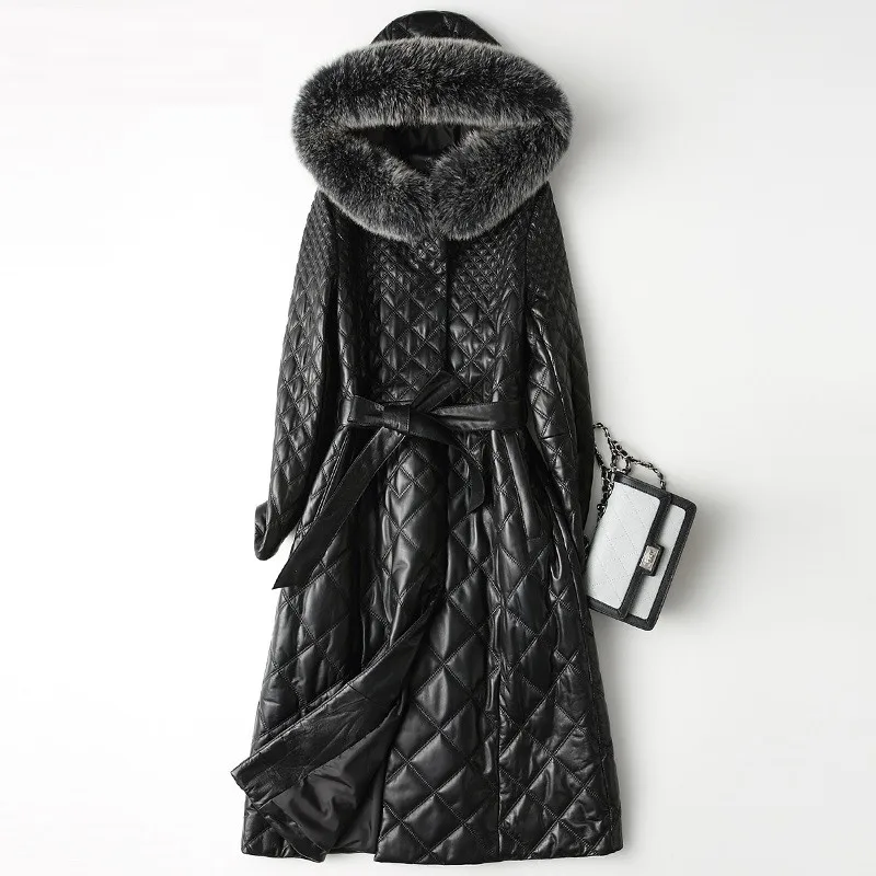 Зимняя куртка из натуральной кожи Женская мода натуральная овчина пальто с лисьим мехом Длинная Верхняя одежда Черное Женское пальто из овечьей кожи M381