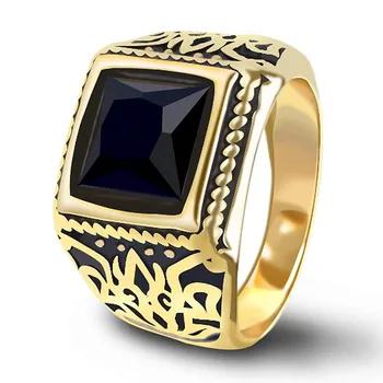 

Square black agate gemstones vintage carving rings for men 18k gold color stainless steel indian masculine jewelry bague turkey