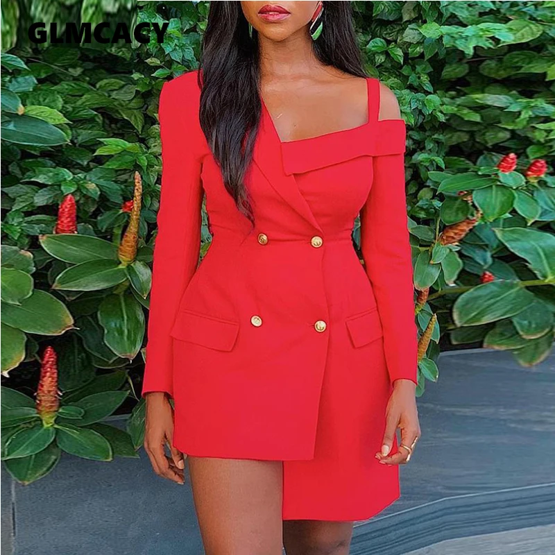

Women Cold Shoulder Double Elegant Breasted Blazer Dress Long Sleeve Casual Sheath Solid Above Knee Mini Turn-down Collar Dress