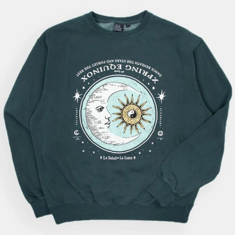 Vintage Sun Moon Huruf Cetak Hoodie 