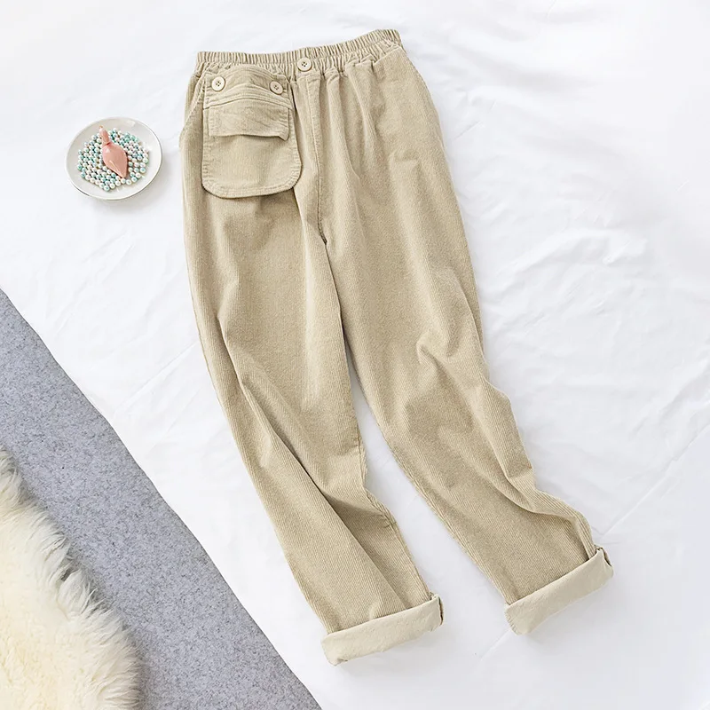 

Sherhure 2019 Women Autumn Elastic Wasit Women Corduroy Straight Ninth Pants Fashion Women Casual Pants Pocket Female Trousers