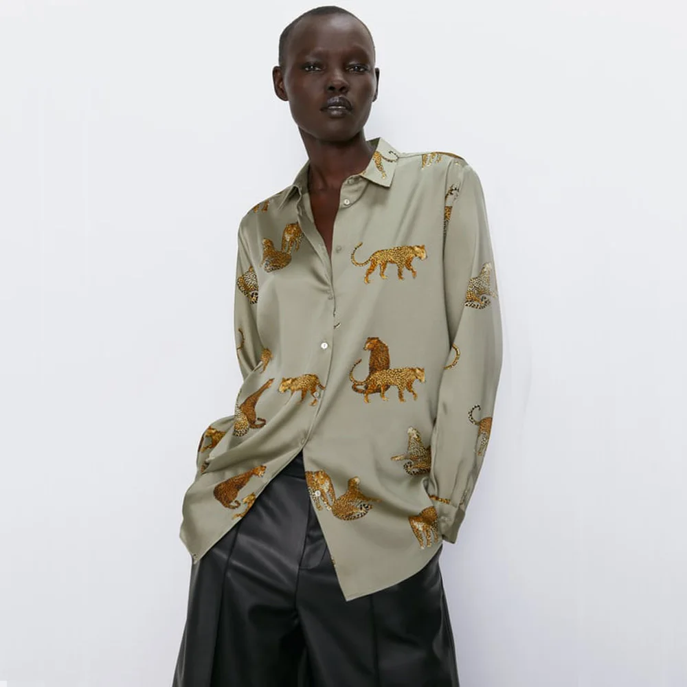 ZA Осенняя Новинка, зеленая леопардовая рубашка с принтом, модная ...