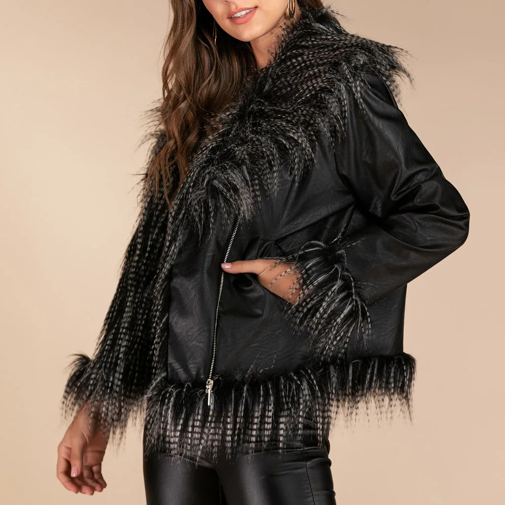 Популярные женские зимние теплые куртки из искусственной кожи с меховым воротником женские черные мотоциклетные верхняя одежда для байкеров женские пальто#3