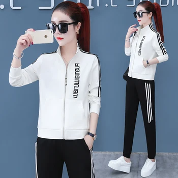 

2020 spring women's fashion large size letters printed zipper jackets+pants suits female casual plus size two-piece sets