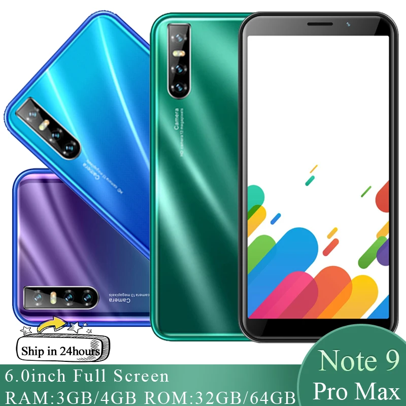 Note 9 Pro Max Mobile Phones Android 4GB RAM 64GB ROM Quad Core Face Unlocked 6.0 inch HD Full Screen 13MP Rear Camera WCDMA/GSM | Мобильные