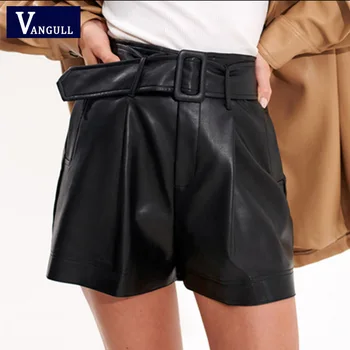 

Vangull PU Leather Shorts New Casual High Waist Loose Wide-legged Spring Women Fashion Mini Shorts Bottoms With Belt Female