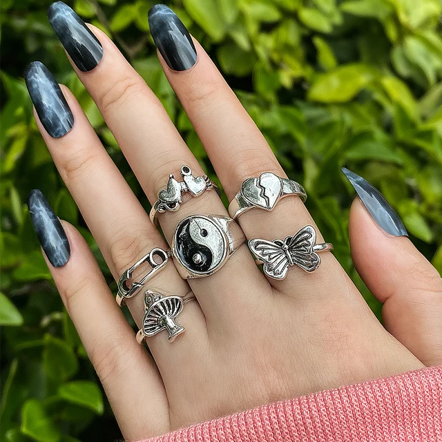 6Pcs Vintage Gothic Butterfly Angle Flower Multi Element Ring Set For Women Men Retro Personality Finger Ring Gifts LY54857