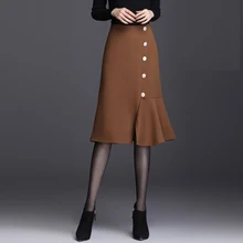 Осень-зима, модная Офисная Женская шерстяная юбка с высокой талией и рюшами, 4xl, черная, коричневая шерстяная юбка-Русалка для женщин