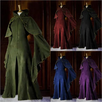 

Women Medieval Renaissance Vintage Floor Length Dresses Patchwork Hooded Dresses Fairy Elf Cosplay Cape Flared Sleev Plus Size
