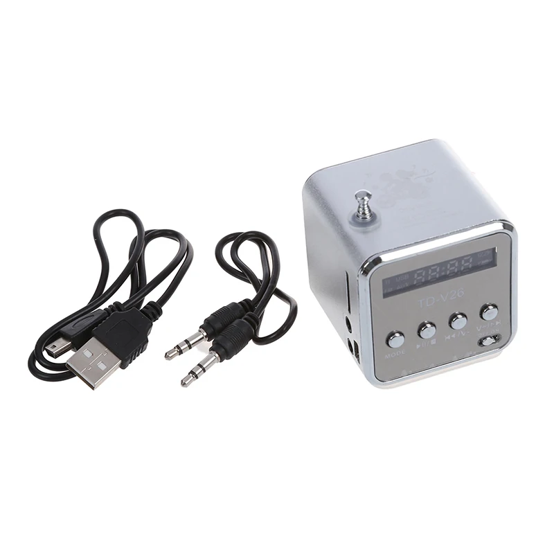 TD V26 портативный мини цифровой динамик с микро SD / TF USB /FM серебро 1 кабелем и o