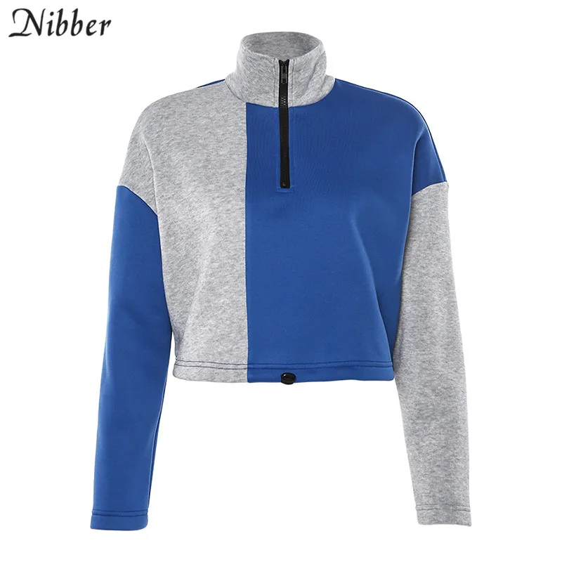 Nibber pure Patchwork Уличная Повседневная Толстовка женские топы Осень Свободный узкий Свитшот mujer Harajuku Базовая активная одежда пуловер - Цвет: Синий