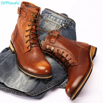 

QYFCIOUFU New Autumn Ankle Motorcycle Chelsea Boots Men Lace-up Mens Work Boots Handmade Genuine Leather Chelsea Boots Men