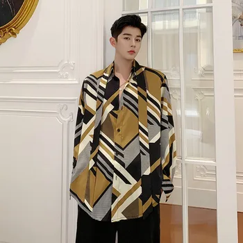 

EWQ / men's wear 2020 spring new Geometry Color Block Printing Satin oversize Shirt Tide Loose casual tops 9Y1184