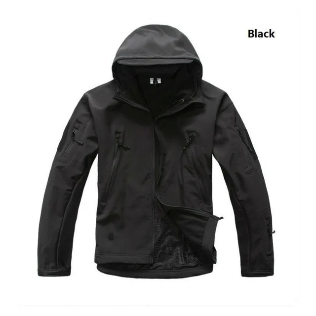 Black Winter Outdoor Waterproof Warm Camouflage Coat Tops Men Training Climbing Tactical Fleece Lining Thermal Hooded Jacket Clothing - Color: Black