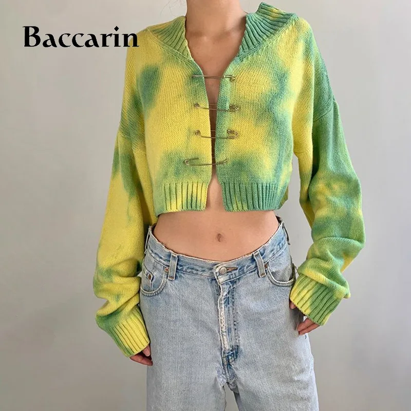 

Baccarin Tie Dye Women Sweater Pin Cardigan Crop Top Loose Oversize Casual Streetwear 2020 Autumn Winter Clothes Fashion Warm