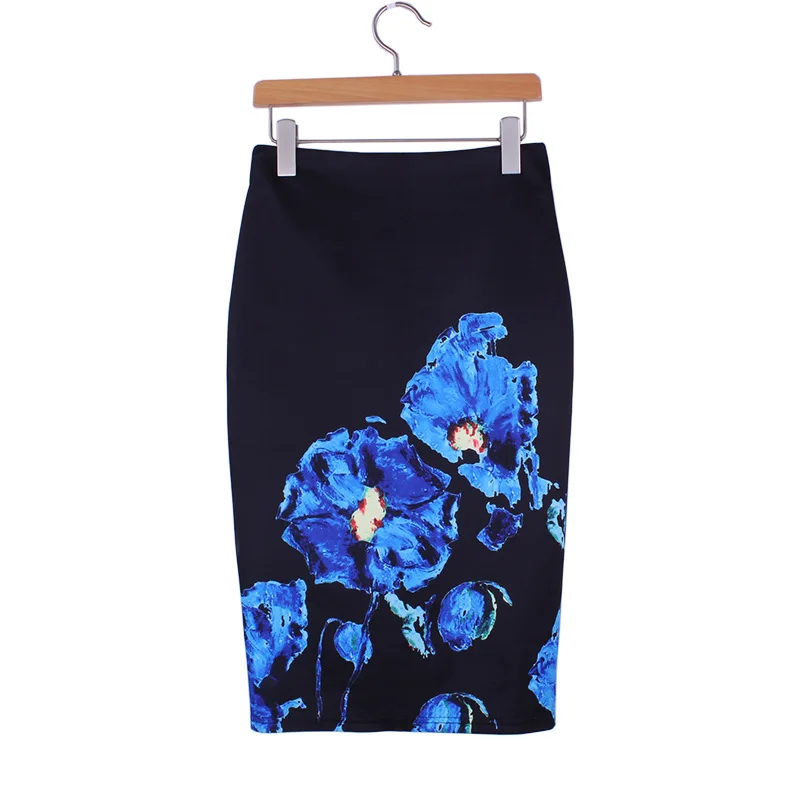 

New arrival blue Flower print women pencil skirts lady female black faldas girls slim bottoms M-XXL free shipping