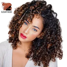ELEGANT MUSES Synthetic Afro Kinky Curly Wigs Short Curly Wig with Bangs for Black Women Mixed Brown Ombre Blonde