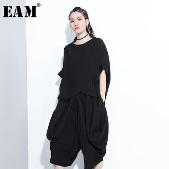 

[EAM] Wide Leg Pants Big Size Two Piece Suit New Round Neck Half Sleeve Black Loose Fit Women Fashion Spring Summer 2020 1X912