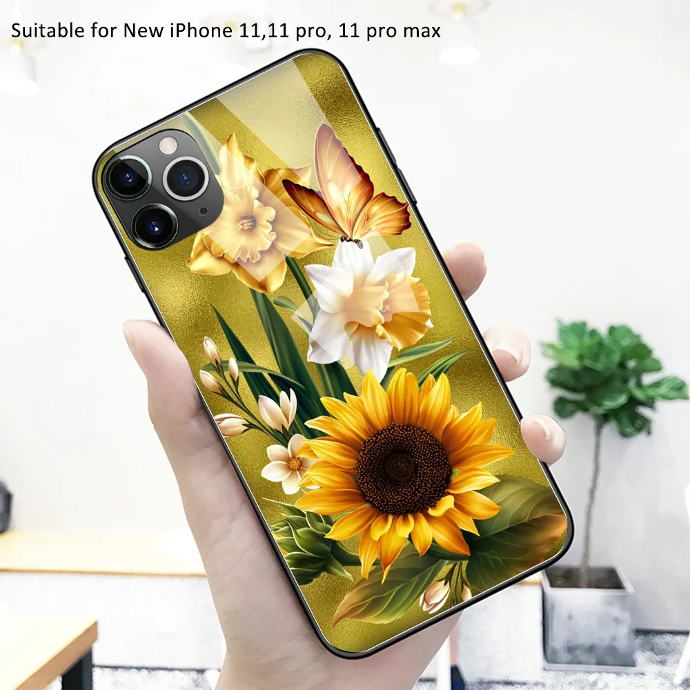 Чехол для iPhone 12 стеклянная жесткая задняя крышка с бабочкой и цветочным рисунком
