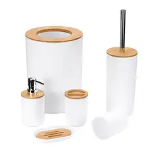 Bathroom Accessories Set 6 Pieces Bamboo Room Set Toothbrush Holder Soap Dispenser Toilet Brush Trash Can Bathroom Essential Set