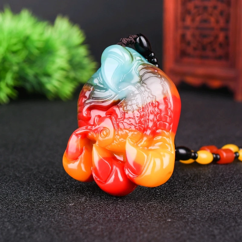 Chinese Xinjiang Colorful Jade Hawk Catches Fish Pendant Hand Carving Necklace Fashion Amulet Luck Gifts Men Sweater Chain | Украшения и