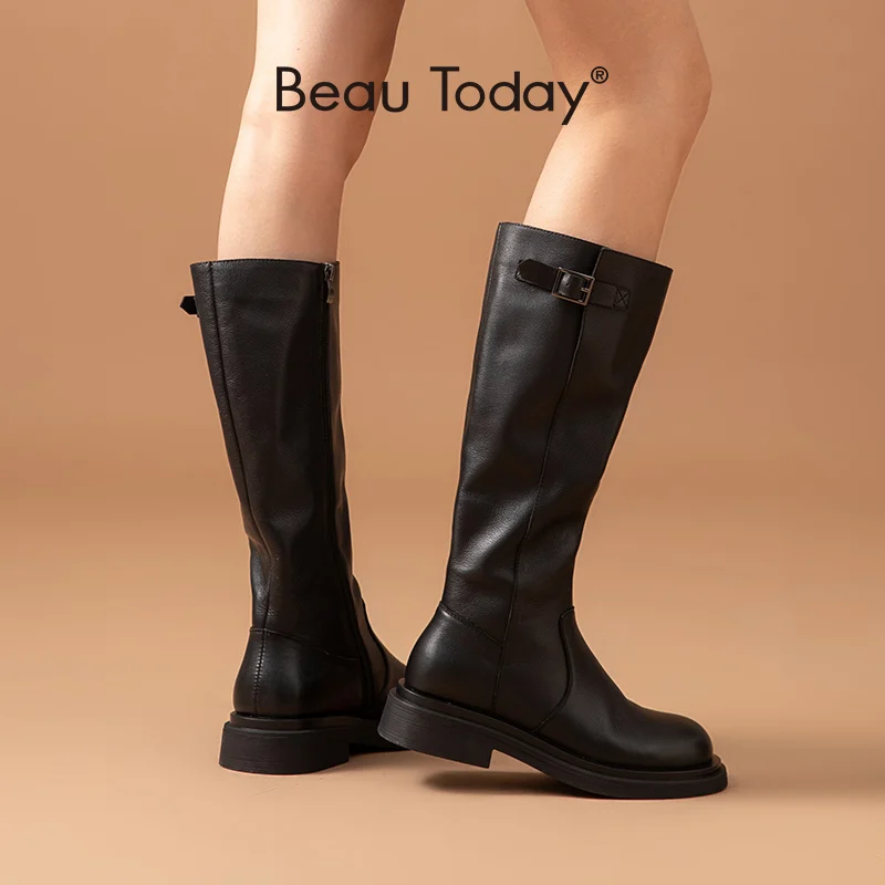 Winter Shoes Long-Boots Buckle Round-Toe Genuine-Cow-Leather Women Knee Beautoday Lady
